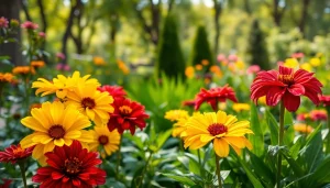 Gardening scene showcasing vibrant flowers and lush plants in a warm, inviting garden setting.
