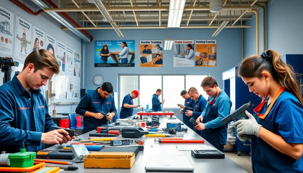Hands-on training at trade schools in southern California with engaged students in a vibrant classroom setting.