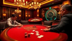 Exciting GG88 casino poker table with professional players showcasing vibrant chips and cards.