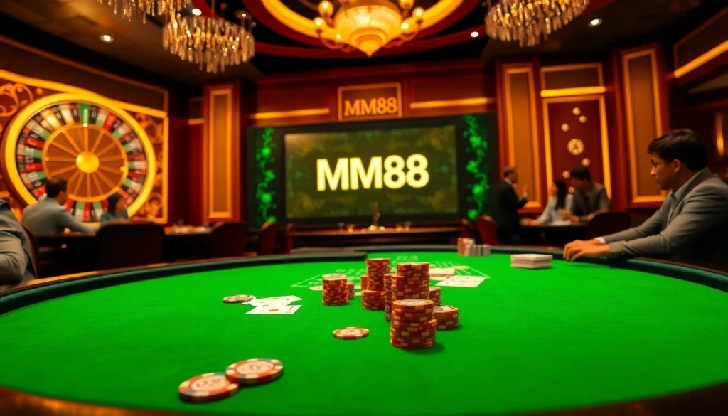 Exciting casino scene displaying MM88 logo at a vibrant poker table with chips and cards.
