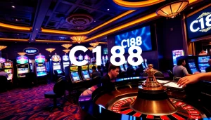 C168 players enjoying an upscale casino atmosphere with vibrant slot machines and roulette, capturing the thrill of betting.