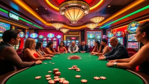 Experience the excitement of U888 with a vibrant casino scene showcasing players and games.