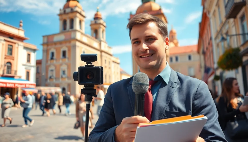 Знімає новини https://sumytoday.in.ua на вулицях Сум, густий потік людей та архітектура фону.