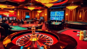Playing dynamic casino games at 9bet with vibrant tables and a roulette wheel.