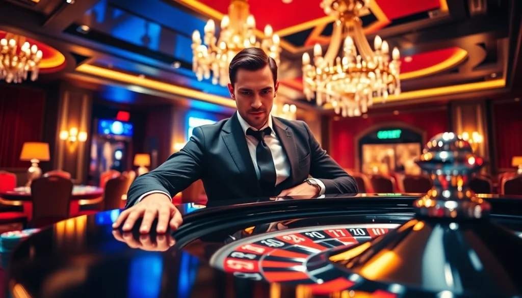 Witness an intense moment at a roulette table featuring soibet in a luxurious casino environment filled with excitement.