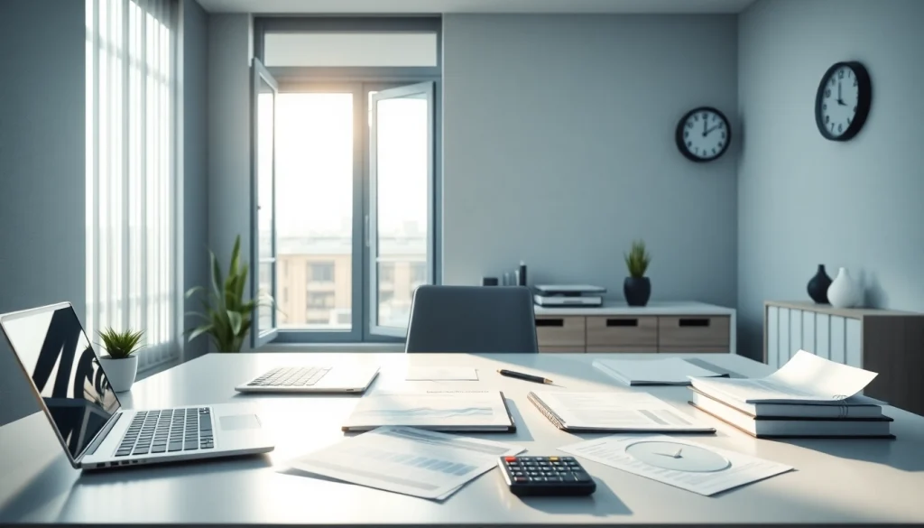 Profesjonalna scena biura ilustrująca usługi księgowe z nowoczesnym biurkiem, laptopem i naturalnym światłem.