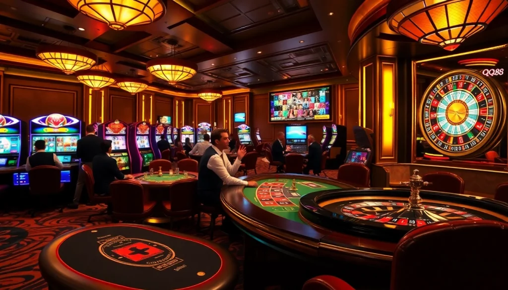 Players enjoying a high-stakes game at a casino table with qq88 branding in a luxurious setting.