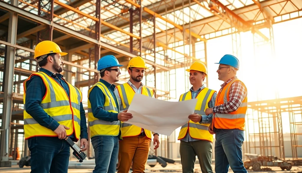 Workers engaged in Careers in construction at a bustling site with blueprints and tools.