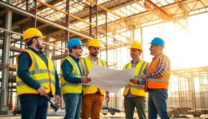 Workers engaged in Careers in construction at a bustling site with blueprints and tools.