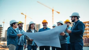 Showcasing the construction association north carolina collaborating during a bright day at a construction site.