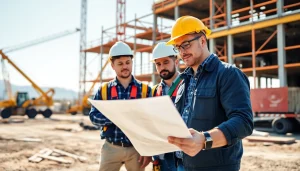 Construction association colorado workers reviewing blueprints at a vibrant construction site.