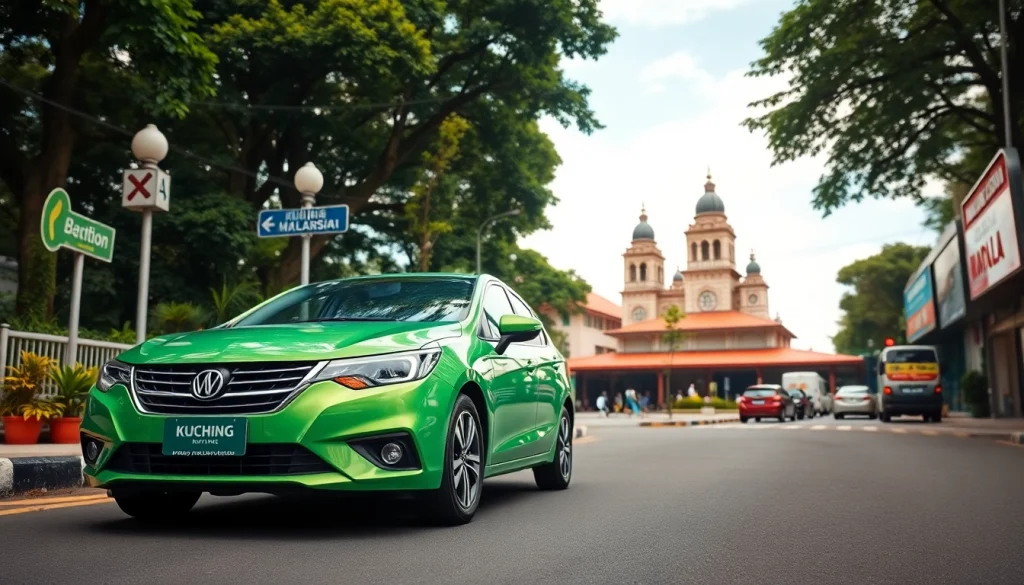 Experience the ease of car rental at Kuching with a vibrant backdrop of local landmarks.