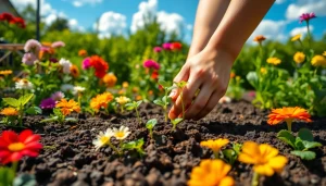 Gardening hands planting seedlings into rich soil, showcasing vibrant growth and nature.