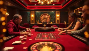 Experience the thrill of gaming at an upscale casino, showcasing 888b with vibrant roulette and blackjack elements.
