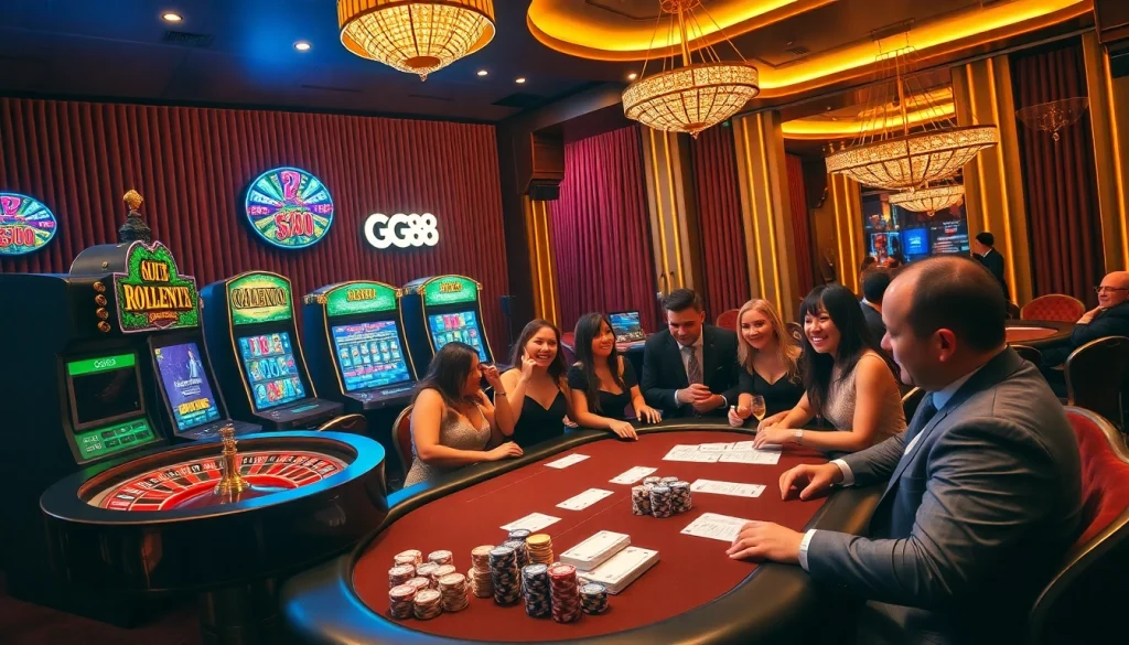 Experience the excitement of GG88 at an elegant casino table with colorful slot machines.