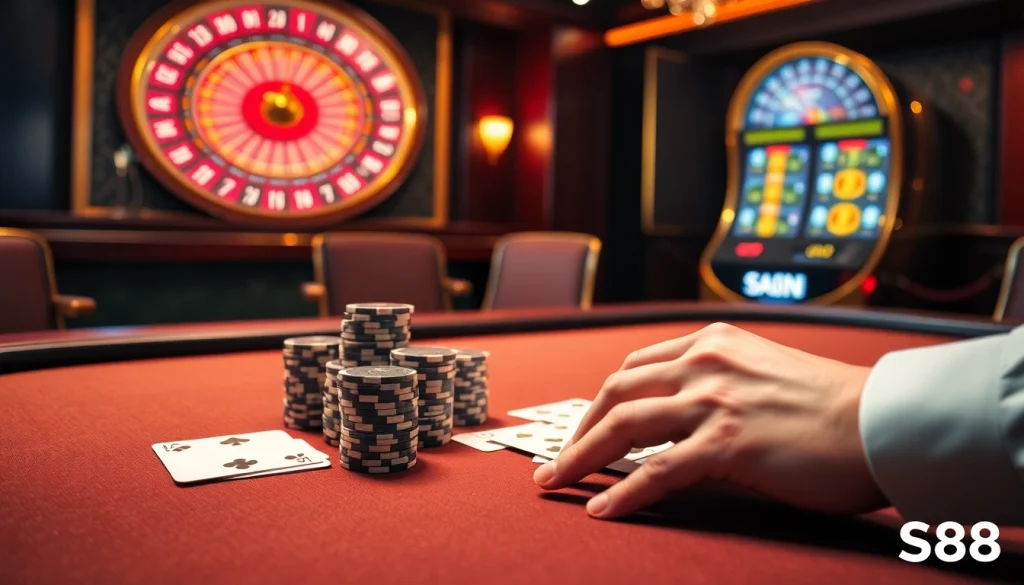 S88 casino players engage in a thrilling poker game at an elegant table.