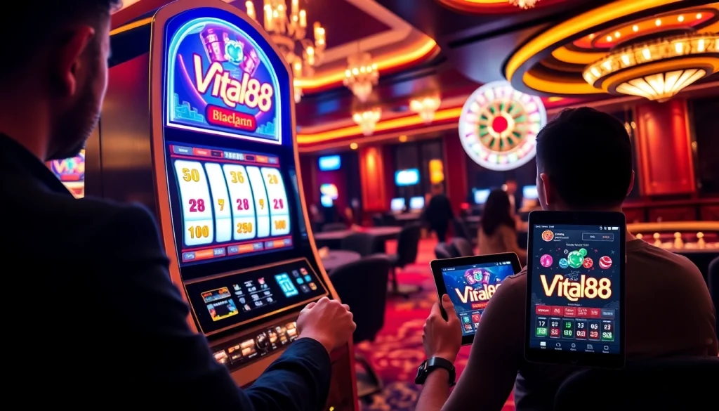 A vibrant scene featuring a player at the Viral88 slot machine, illustrating the thrill of online gambling.