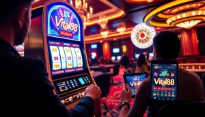 A vibrant scene featuring a player at the Viral88 slot machine, illustrating the thrill of online gambling.
