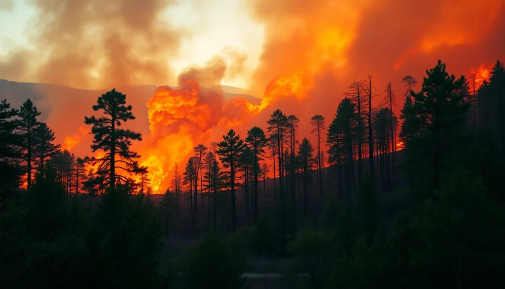 Illustration of wildfire events showing intense flames in a forest setting.
