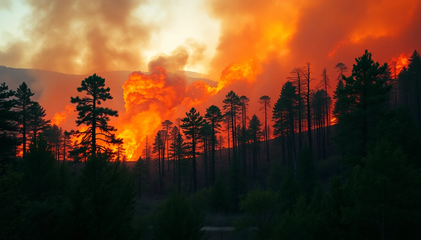Illustration of wildfire events showing intense flames in a forest setting.