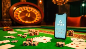 Engaging casino scene with SHBET logo, featuring poker chips, cards, and roulette.