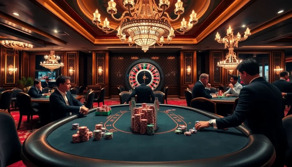 Experience thrilling poker action at thabet77.org with vibrant chips and a spinning roulette wheel.