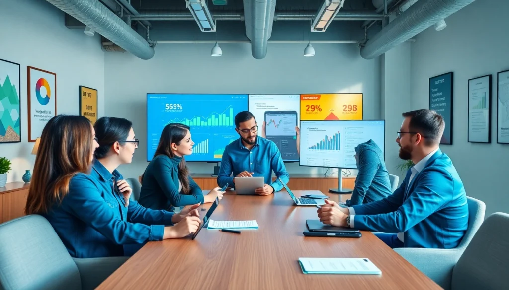 Engaging digital marketing professionals discussing strategies amidst analytics, promoting Digital Marketing.