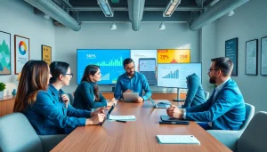 Engaging digital marketing professionals discussing strategies amidst analytics, promoting Digital Marketing.