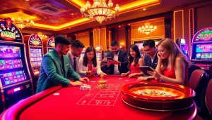 Sbobet online gambling excitement with poker chips, slot machines, and keen gamblers engaged in the action.