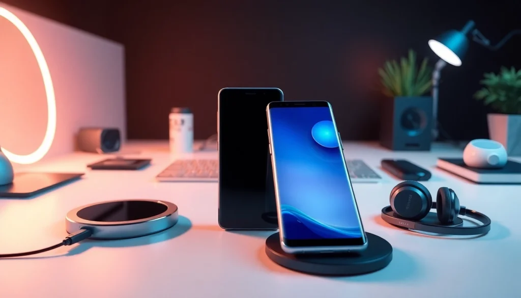 Samsung Galaxy S8 smartphone displayed on a sleek desk with ambient lighting, showcasing its innovative design and features.