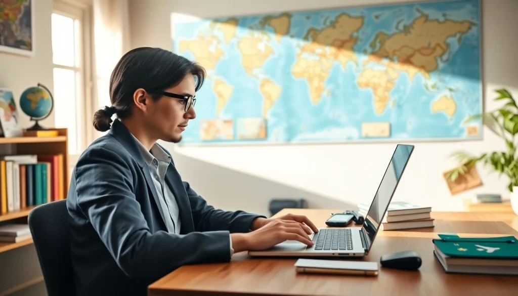 Complete the uk eta online application with a focused traveler in a cozy workspace.