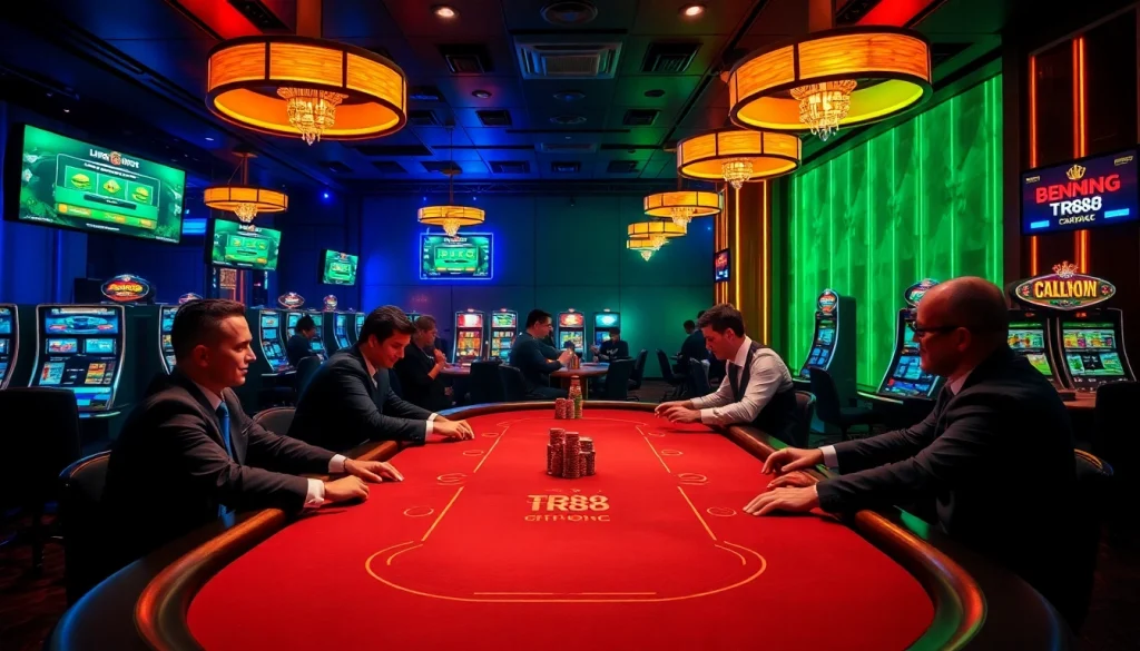 Experience the thrill of gambling with website TR88 highlighted at a luxurious poker table.