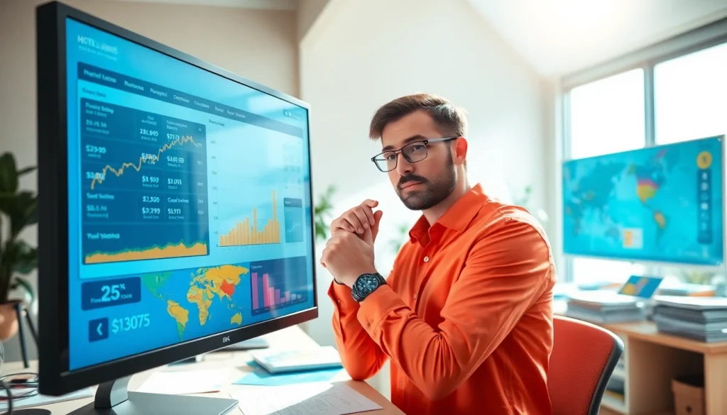 Compare Rates for Hotels with a travel planner analyzing hotel options in a bright office.