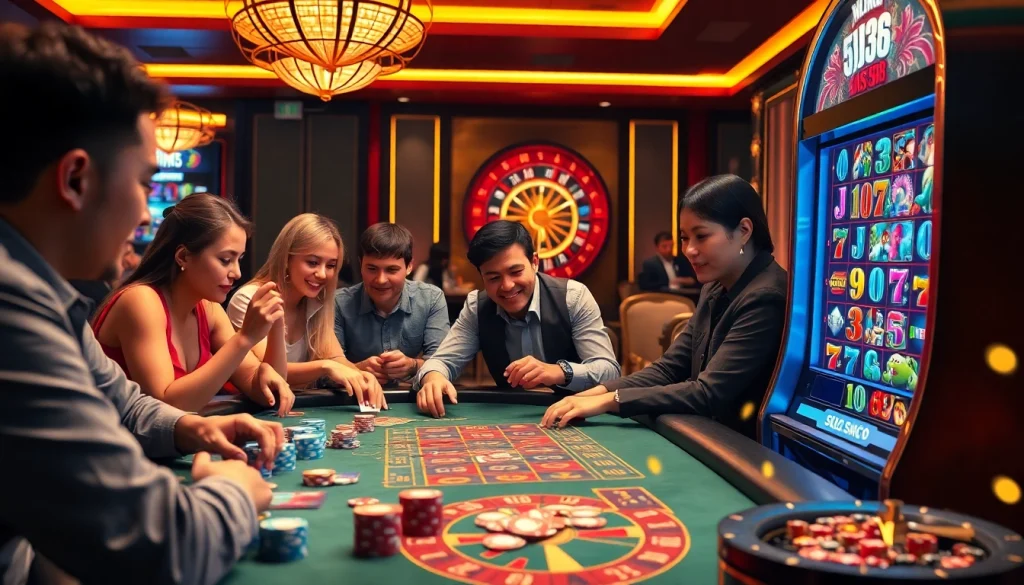 Experience thrilling gaming action at BJ38 with engaging players and luxurious casino elements.