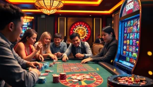 Experience thrilling gaming action at BJ38 with engaging players and luxurious casino elements.