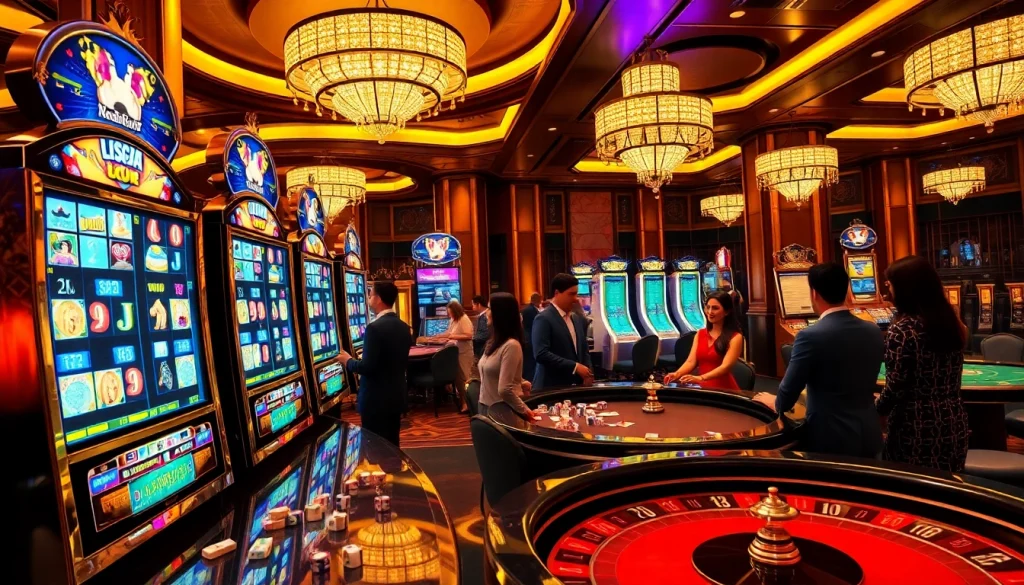 Naga169 terpercaya showcases players enjoying exciting slot machines and casino games in an upscale atmosphere.