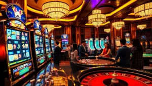 Naga169 terpercaya showcases players enjoying exciting slot machines and casino games in an upscale atmosphere.