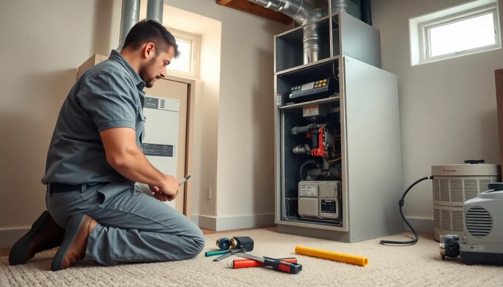 Expert technician engaged in furnace repair lewisboro in a warm, inviting basement setting.