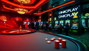 Experience thrilling gameplay with ONICPLAY at a vibrant casino scene filled with poker tables and slot machines.
