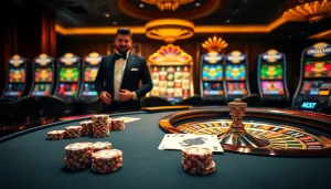 Experience the excitement of nhà cái vuabai9 with a luxurious casino scene featuring vibrant table games.