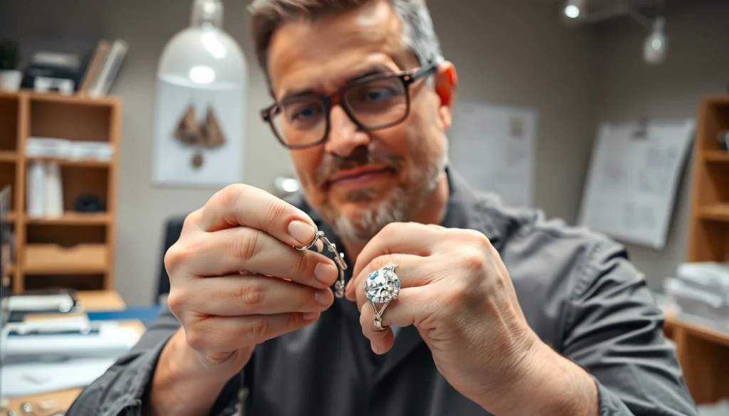 Silberankauf: Fachkundiger Prüfer bewertet glänzende Silberstücke in modernem Arbeitsbereich.