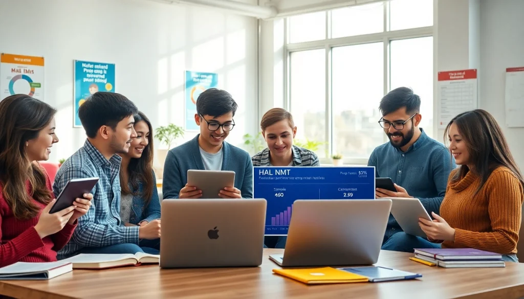 Calculate NMT scores collaboratively in a modern educational setting.