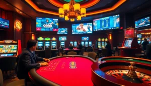 Engaging scene of PS99 thể thao with vibrant slot machines and a poker table.