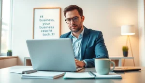 Business coach near me providing consultation in a modern office environment with motivational elements.