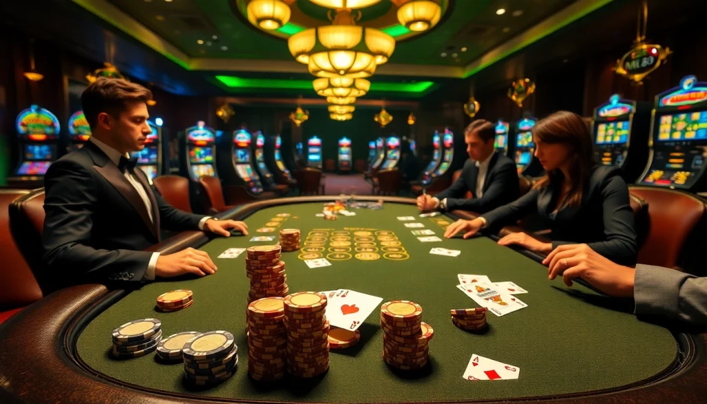 Players enjoying a thrilling poker game at MM88 casino with luxurious decor and exciting ambiance.