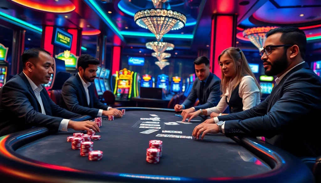 Gamblers strategizing at a poker table featuring vaoluoitv betting tips and casino excitement.
