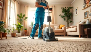 Technician performing carpet cleaning lincoln ca in a bright living room filled with plants and natural light.