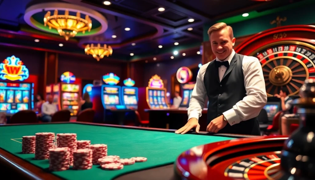 Players enjoying a thrilling gaming experience at oxplay with vibrant slot machines and roulette.