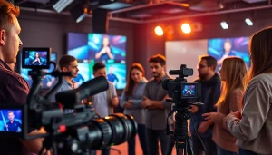 Showcasing corporate video production Calgary with a dynamic production team in a modern studio.