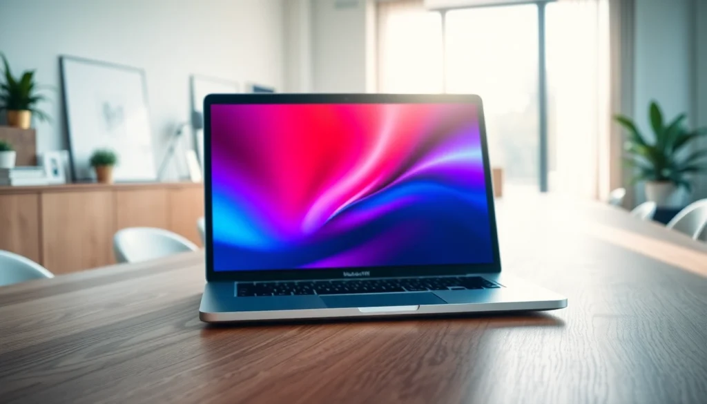 Showcase Laptops Apple with a sleek MacBook Air elegantly displayed on a modern wooden desk.